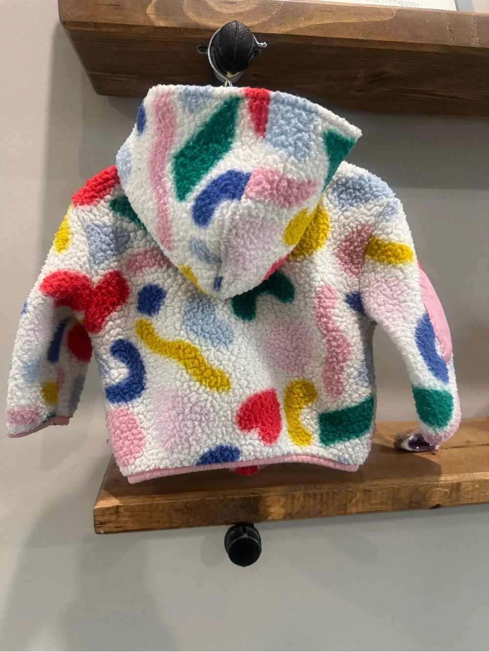 Old Navy White Sherpa Hoodie with Multicolor Heart & Abstract Shapes, 12-18mos
